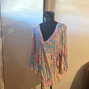 Ruby Rd. Blue and Orange Patterned Blouse